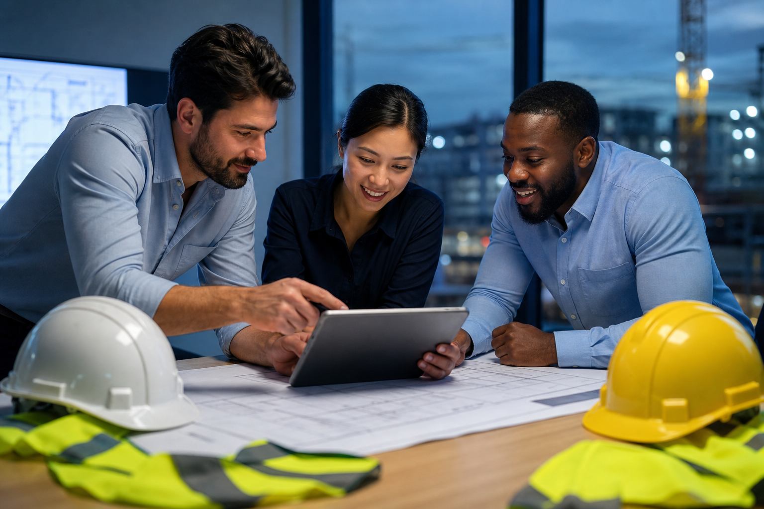Bouwprofessionals werken samen aan een tablet met bouwtekeningen